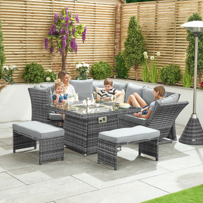 Cambridge Compact Corner Reclining Arms Rattan Lounge Dining Set with 2 Stools - Square Gas Fire Pit Table in Grey Rattan