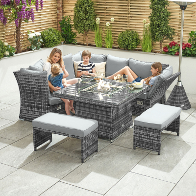 Cambridge Compact Corner Reclining Arms Rattan Lounge Dining Set with 2 Stools - Square Gas Fire Pit Table in Grey Rattan