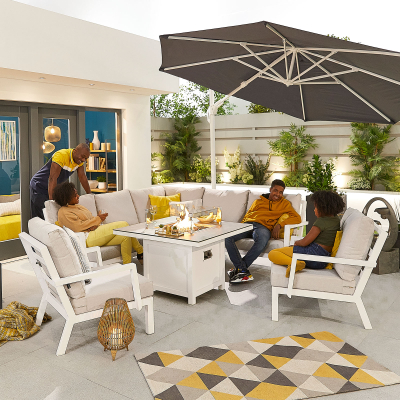Vogue Compact Corner Aluminium Lounge Dining Set with 2 Armchairs - Square Gas Fire Pit Table in Chalk White