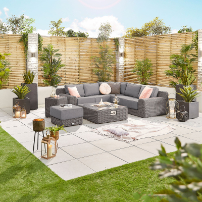 Luxor Rattan Corner Sofa Lounging Set with Square Fire Pit Coffee Table & Footstool in Slate Grey