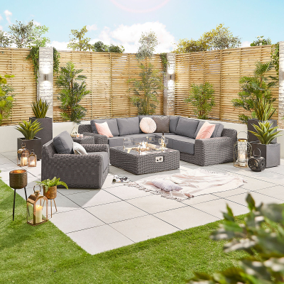 Luxor Rattan Corner Sofa Lounging Set with Square Fire Pit Coffee Table & 1 Armchair in Slate Grey