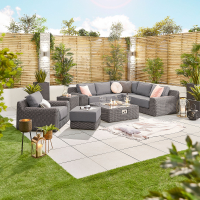 Luxor Rattan Corner Sofa Lounging Set with Square Fire Pit Coffee Table & Footstool & 1 Armchair in Slate Grey