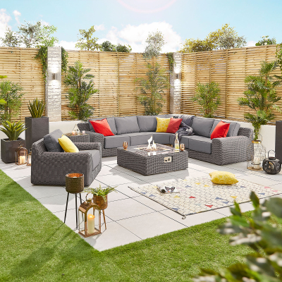 Luxor Rattan Curved Corner Sofa Lounging Set with Square Fire Pit Coffee Table & 1 Armchair in Slate Grey