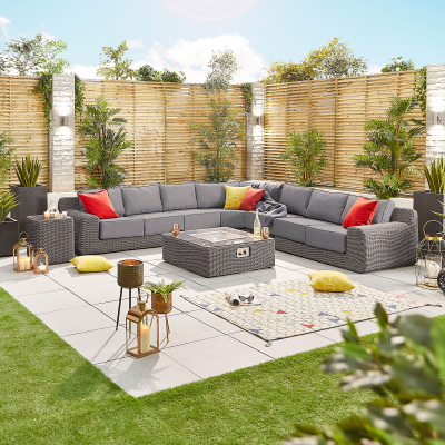 Luxor Rattan Deluxe Curved Corner Sofa Lounging Set with Square Fire Pit Coffee Table & No Additionals in Slate Grey