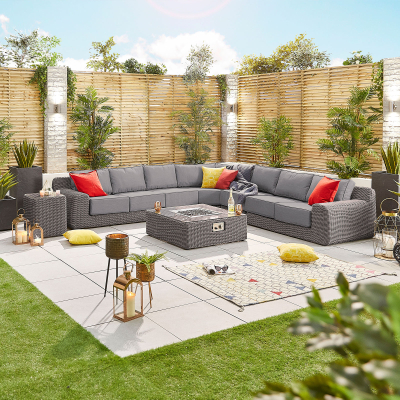Luxor Rattan Deluxe Curved Corner Sofa Lounging Set with Square Fire Pit Coffee Table & No Additionals in Slate Grey