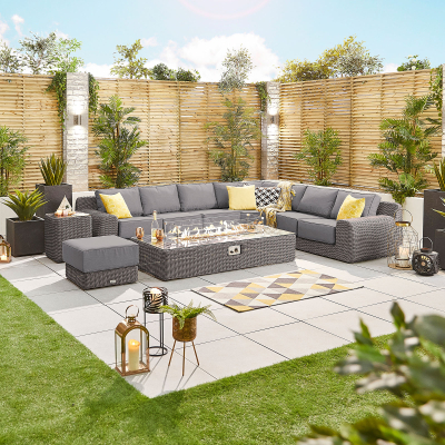 Luxor Rattan L-Shaped Curved Corner Sofa Lounging Set with Rectangular Fire Pit Coffee Table & Footstool in Slate Grey