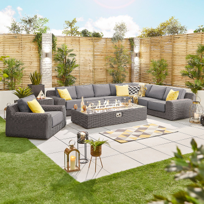 Luxor Rattan L-Shaped Curved Corner Sofa Lounging Set with Rectangular Fire Pit Coffee Table & 1 Armchair in Slate Grey