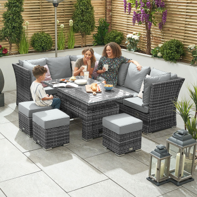 Cambridge L-Shaped Corner Reclining Arms Rattan Lounge Dining Set with 3 Stools - Left Handed Rising Table in Grey Rattan