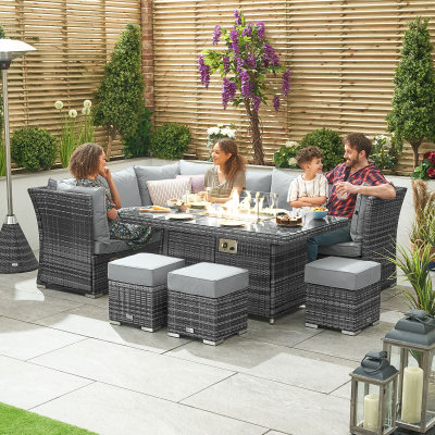 Cambridge L-Shaped Corner Reclining Arms Rattan Lounge Dining Set with 3 Stools - Left Handed Gas Fire Pit Table in Grey Rattan