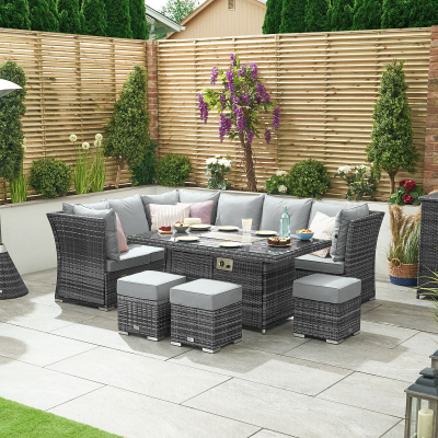 Cambridge L-Shaped Corner Reclining Arms Rattan Lounge Dining Set with 3 Stools - Left Handed Gas Fire Pit Table in Grey Rattan
