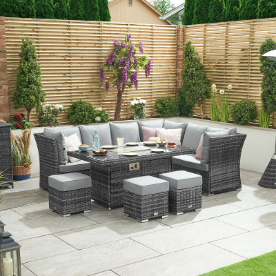 Cambridge L-Shaped Corner Reclining Arms Rattan Lounge Dining Set with 3 Stools - Right Handed Gas Fire Pit Table in Grey Rattan