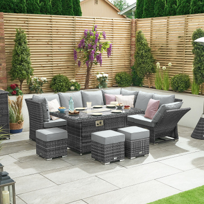 Cambridge L-Shaped Corner Reclining Arms Rattan Lounge Dining Set with 3 Stools - Right Handed Gas Fire Pit Table in Grey Rattan