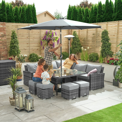 Cambridge Deluxe Corner Rattan Lounge Dining Set with 4 Stools - Square Parasol Hole Table in Grey Rattan