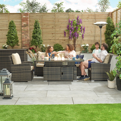 Cambridge 3 Seater Rattan Lounge Dining Set with 2 Armchairs - Rising Gas Fire Pit Table in Brown Rattan