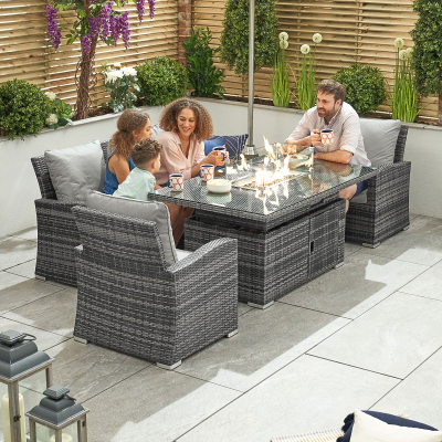Cambridge 3 Seater Rattan Lounge Dining Set with 2 Armchairs - Rising Gas Fire Pit Table in Grey Rattan