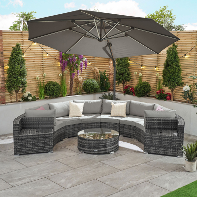 Kensington Rattan Curved Sofa Lounging Set with Ice Buckets & Round Coffee Table in Grey Rattan