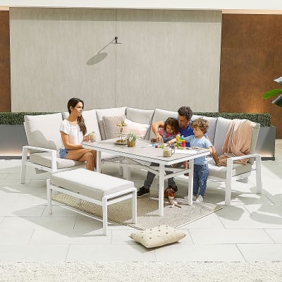 Enna L-Shaped Corner Aluminium Lounge Dining Set with Bench - Left Handed Parasol Hole Table in Chalk White
