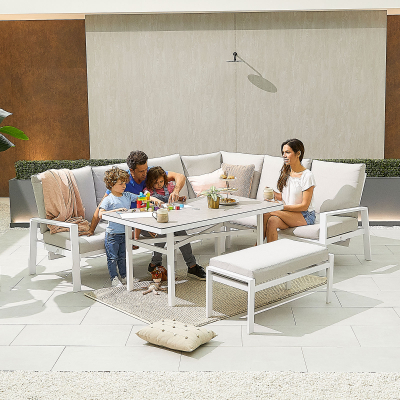Enna L-Shaped Corner Aluminium Lounge Dining Set with Bench - Right Handed Parasol Hole Table in Chalk White