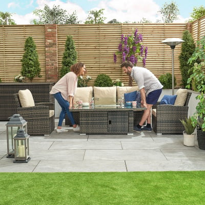 Cambridge 3 Seater Rattan Lounge Dining Set with 2 Armchairs - Rising Gas Fire Pit Table in Brown Rattan