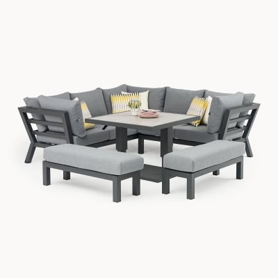 Emerson Compact Corner Aluminium Lounge Dining Set with 2 Benches - Adjustable Rising Table in Graphite Grey