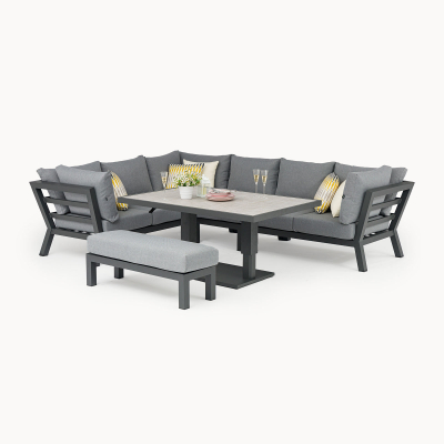 Emerson L-Shaped Corner Aluminium Lounge Dining Set with Bench - Adjustable Rising Table in Graphite Grey