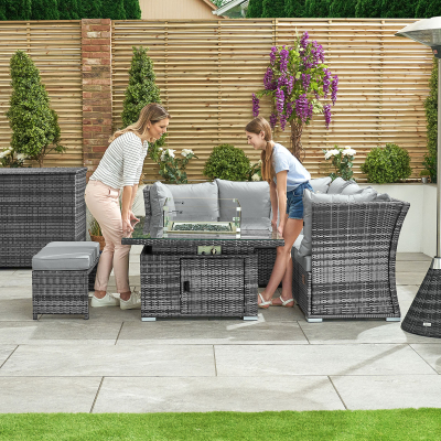 Cambridge Compact Corner Reclining Arms Rattan Lounge Dining Set with 2 Stools - Square Rising Gas Fire Pit Table in Grey Rattan