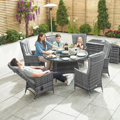 Ruxley 6 Seat Rattan Dining Set - Round Table in Grey Rattan