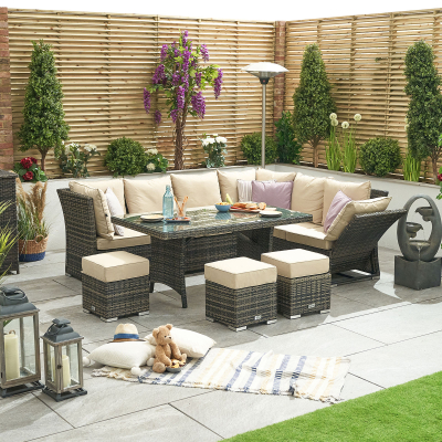 Cambridge L-Shaped Corner Reclining Arms Rattan Lounge Dining Set with 3 Stools - Right Handed Parasol Hole Table in Brown Rattan