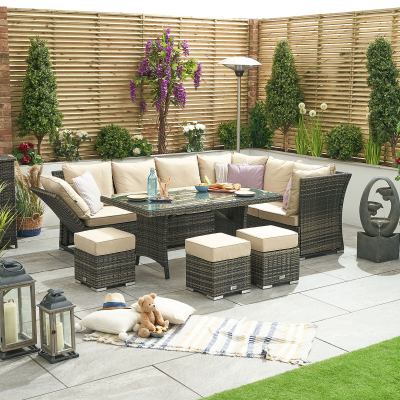 Cambridge L-Shaped Corner Reclining Arms Rattan Lounge Dining Set with 3 Stools - Right Handed Parasol Hole Table in Brown Rattan