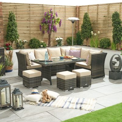 Cambridge L-Shaped Corner Reclining Arms Rattan Lounge Dining Set with 3 Stools - Right Handed Parasol Hole Table in Brown Rattan