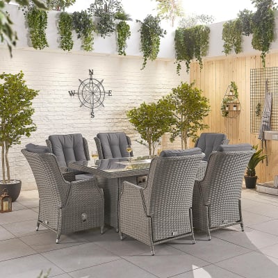 Carolina 6 Seat Rattan Dining Set - Rectangular Gas Fire Pit Table in White Wash