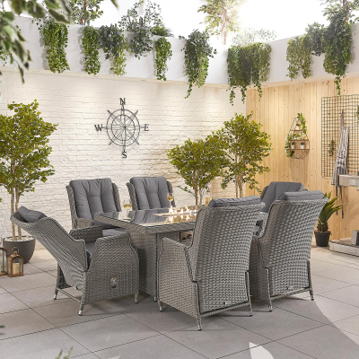 Carolina 6 Seat Rattan Dining Set - Rectangular Gas Fire Pit Table in White Wash