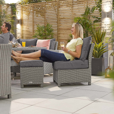 Ciara L-Shaped Corner Rattan Lounge Dining Set with 3 Stools - Right Handed Extending Table in White Wash