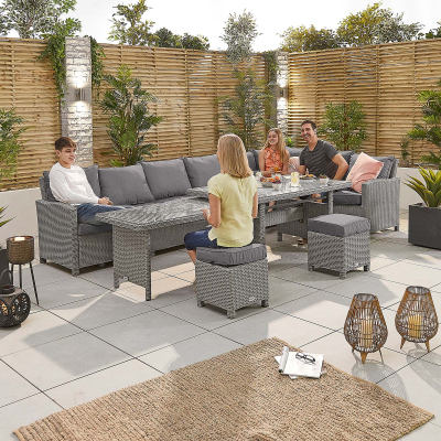 Ciara L-Shaped Corner Rattan Lounge Dining Set with 3 Stools - Right Handed Extending Table in White Wash