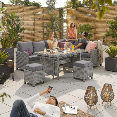 Ciara L-Shaped Corner Rattan Lounge Dining Set with 3 Stools - Right Handed Extending Table in White Wash