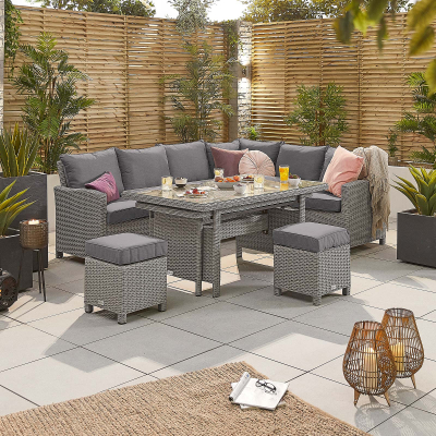 Ciara L-Shaped Corner Rattan Lounge Dining Set with 3 Stools - Right Handed Extending Table in White Wash