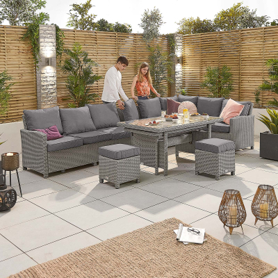 Ciara L-Shaped Corner Rattan Lounge Dining Set with 3 Stools - Right Handed Extending Table in White Wash