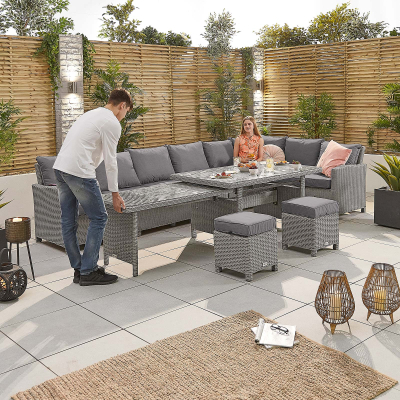 Ciara L-Shaped Corner Rattan Lounge Dining Set with 3 Stools - Right Handed Extending Table in White Wash