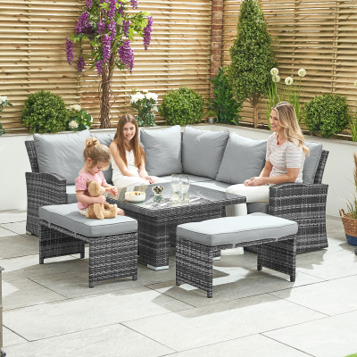 Cambridge Compact Corner Rattan Lounge Dining Set with 2 Stools - Square Rising Table in Grey Rattan