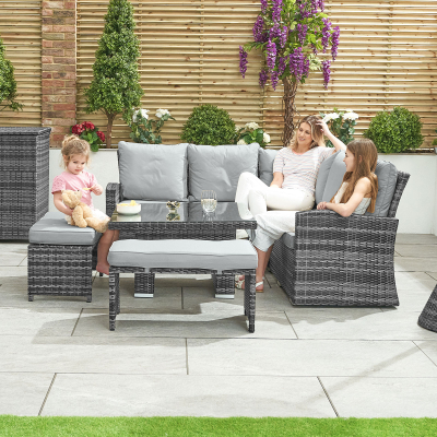 Cambridge Compact Corner Rattan Lounge Dining Set with 2 Stools - Square Rising Table in Grey Rattan