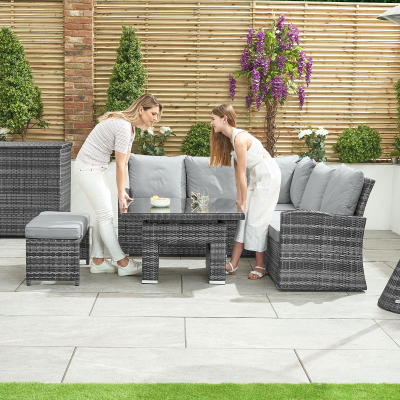Cambridge Compact Corner Rattan Lounge Dining Set with 2 Stools - Square Rising Table in Grey Rattan