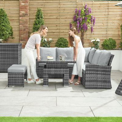 Cambridge Compact Corner Rattan Lounge Dining Set with 2 Stools - Square Rising Table in Grey Rattan