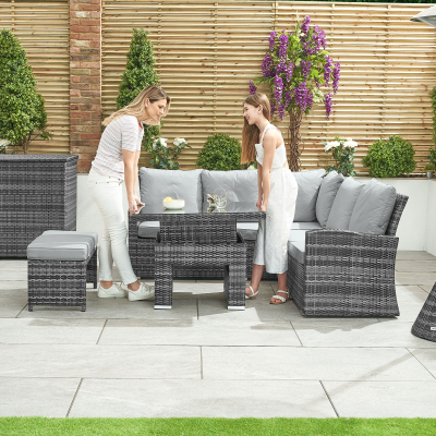 Cambridge Compact Corner Rattan Lounge Dining Set with 2 Stools - Square Rising Table in Grey Rattan