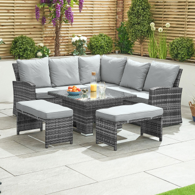 Cambridge Compact Corner Rattan Lounge Dining Set with 2 Stools - Square Rising Table in Grey Rattan
