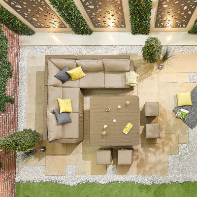 Ciara Deluxe Corner Rattan Lounge Dining Set with 4 Stools - Square Parasol Hole Table in Willow