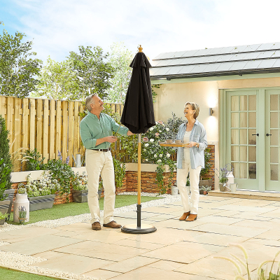 Dominica 2.0m Round Wooden Traditional Parasol - Black Canopy