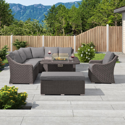 Harper Deluxe Corner Rattan Lounge Dining Set with Armchair and Stool - Square Gas Fire Pit Table in Slate Grey