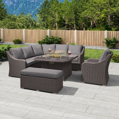 Harper Deluxe Corner Rattan Lounge Dining Set with Armchair and Stool - Square Gas Fire Pit Table in Slate Grey