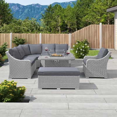 Harper Deluxe Corner Rattan Lounge Dining Set with Armchair and Stool - Square Gas Fire Pit Table in White Wash