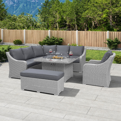 Harper Deluxe Corner Rattan Lounge Dining Set with Armchair and Stool - Square Gas Fire Pit Table in White Wash